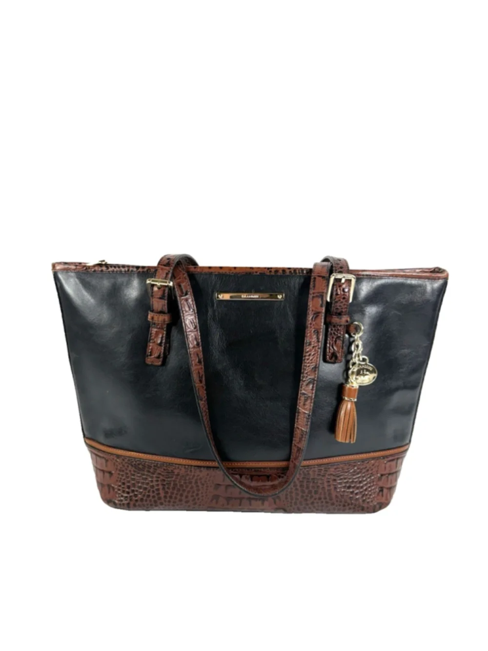 BRAHMIN Croc Embossed Leather Handbag Tote Purse Charms Black Brown